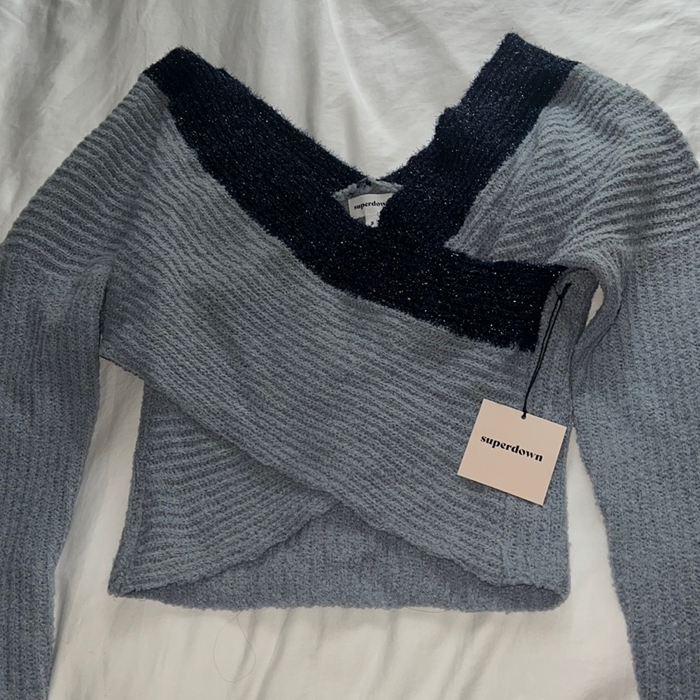 Superdown Blue Sparkly V Neck Wrap Sweater NWT!